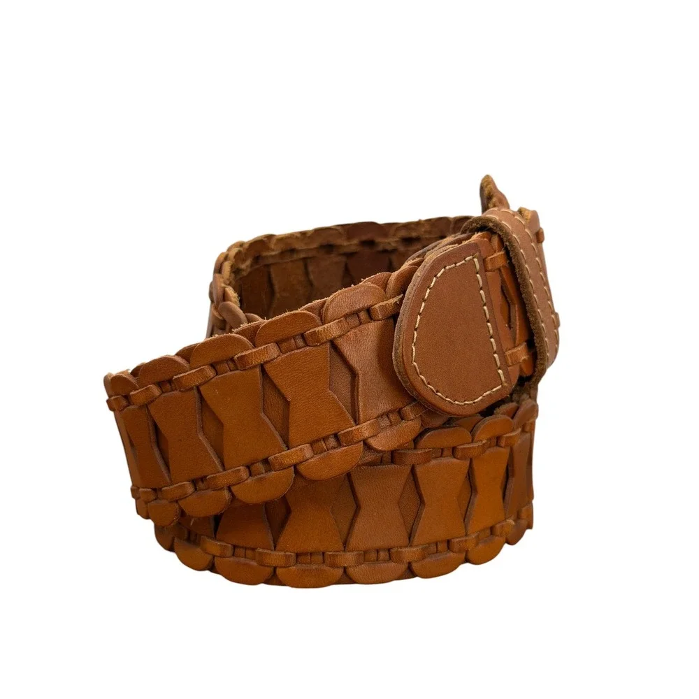 Fossil Leather Belt Womens SZ M Brown Western Boho Woven Covered Buckle Cottage